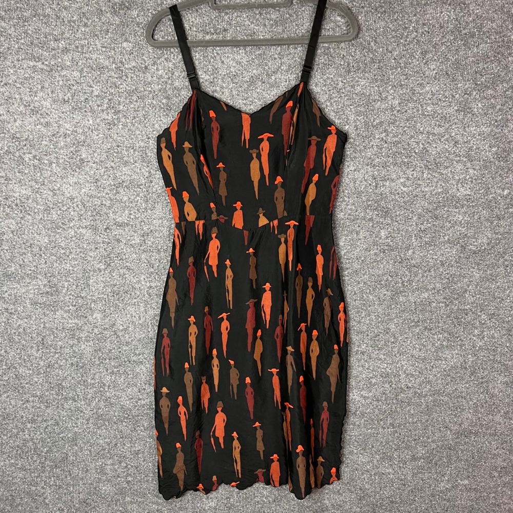 Vintage Laros 100% SILK Slip Dress Size small BLACK People Print USA